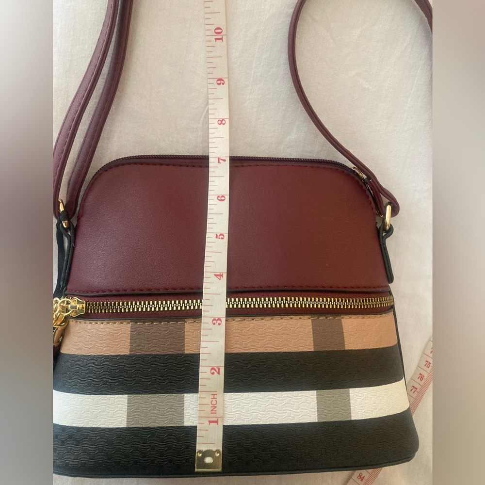 Burgundy and Multicolor Plaid Vegan Leather Crossbody Bag - Picture 13 of 16